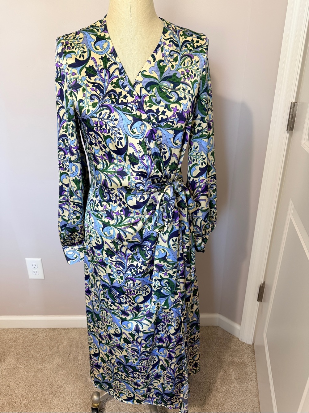 H&M Floral Wrap Maxi Dress in Blue, Green & Cream
